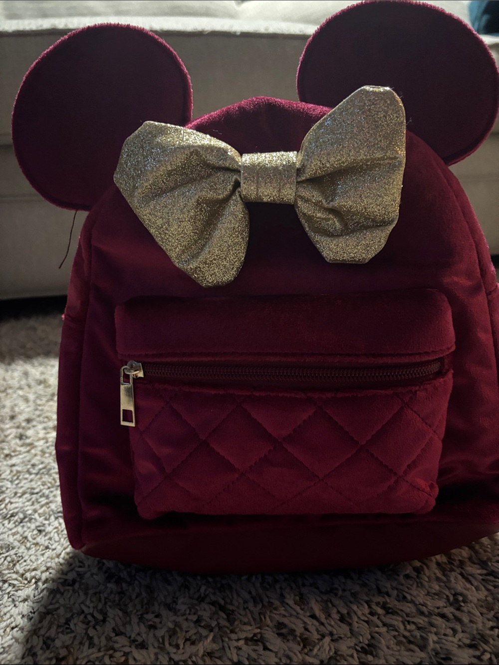 Velvet Mini Kids Backpack with Gold Glitter Bow - Burgundy